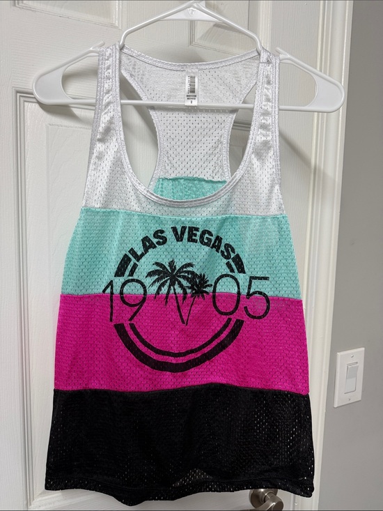 Tops - Las Vegas Colorblock Mesh Racerback Tank Top - White/Turquoise/Pink/Black